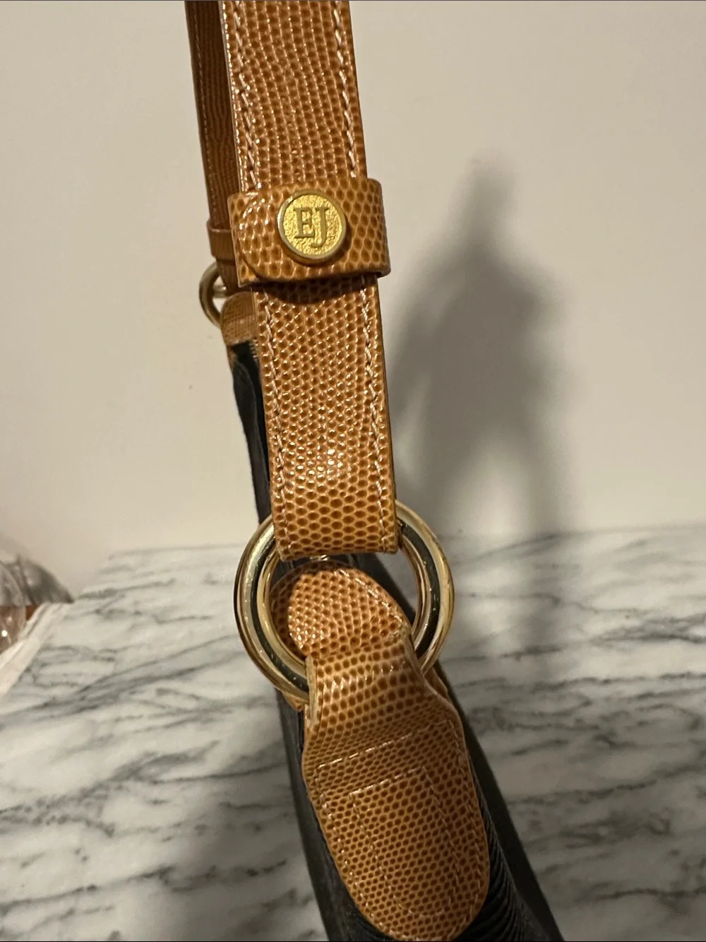 Erick Javits Black Shoulder Bag with adjustable Tan Strap